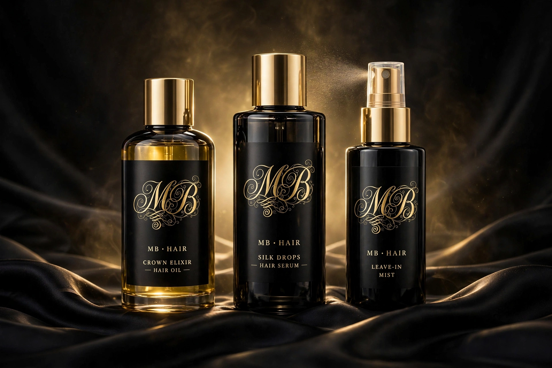 Concept preview of the MB Crown Collection hair care trio with gold script crest