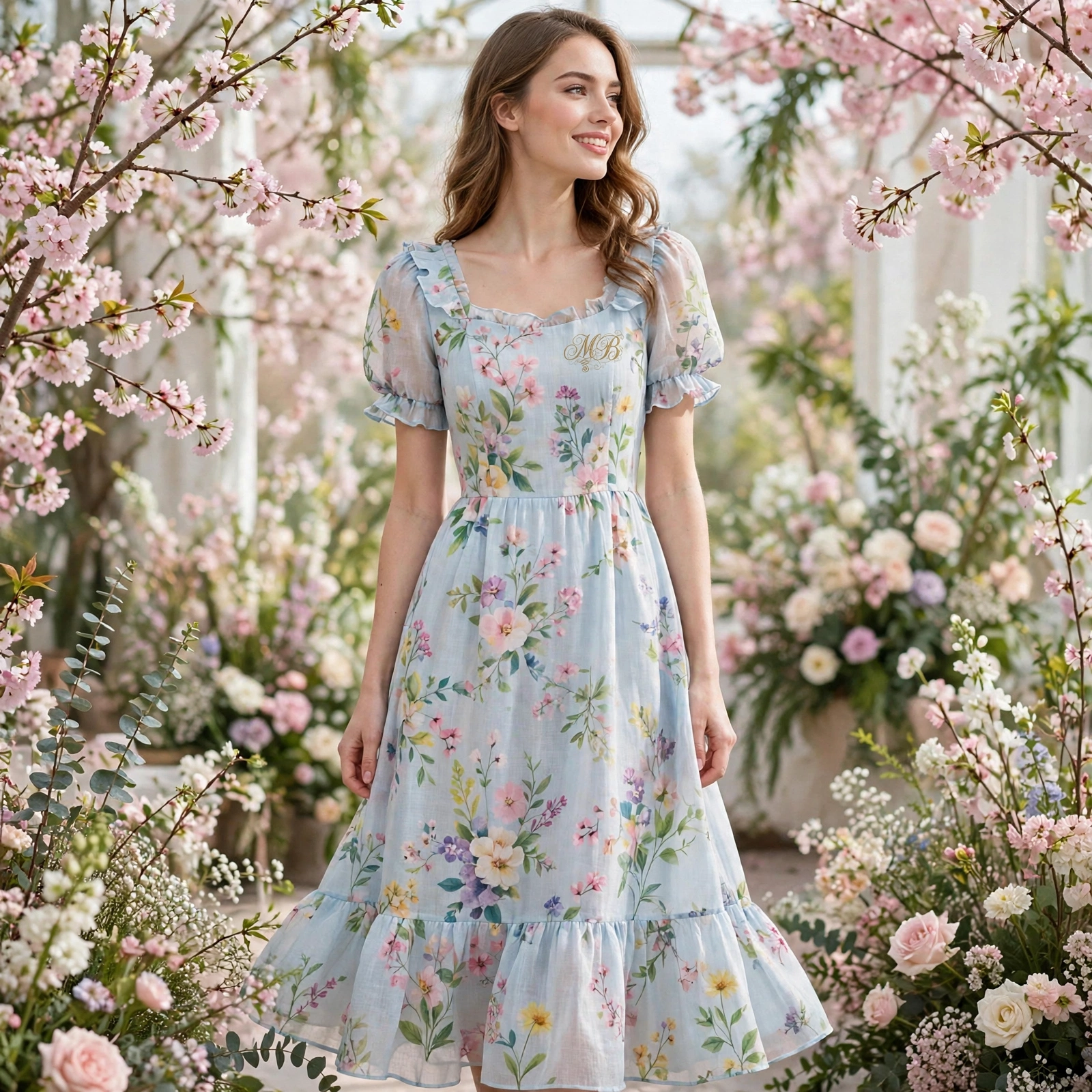 Digital concept study of a model wearing the floral MB Spring Blossom Midi Dress