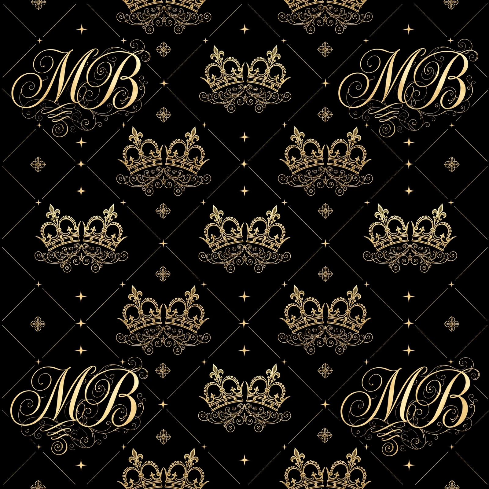 Black canvas patterned with gold MB script monograms, double queen crowns, and quatrefoil stars