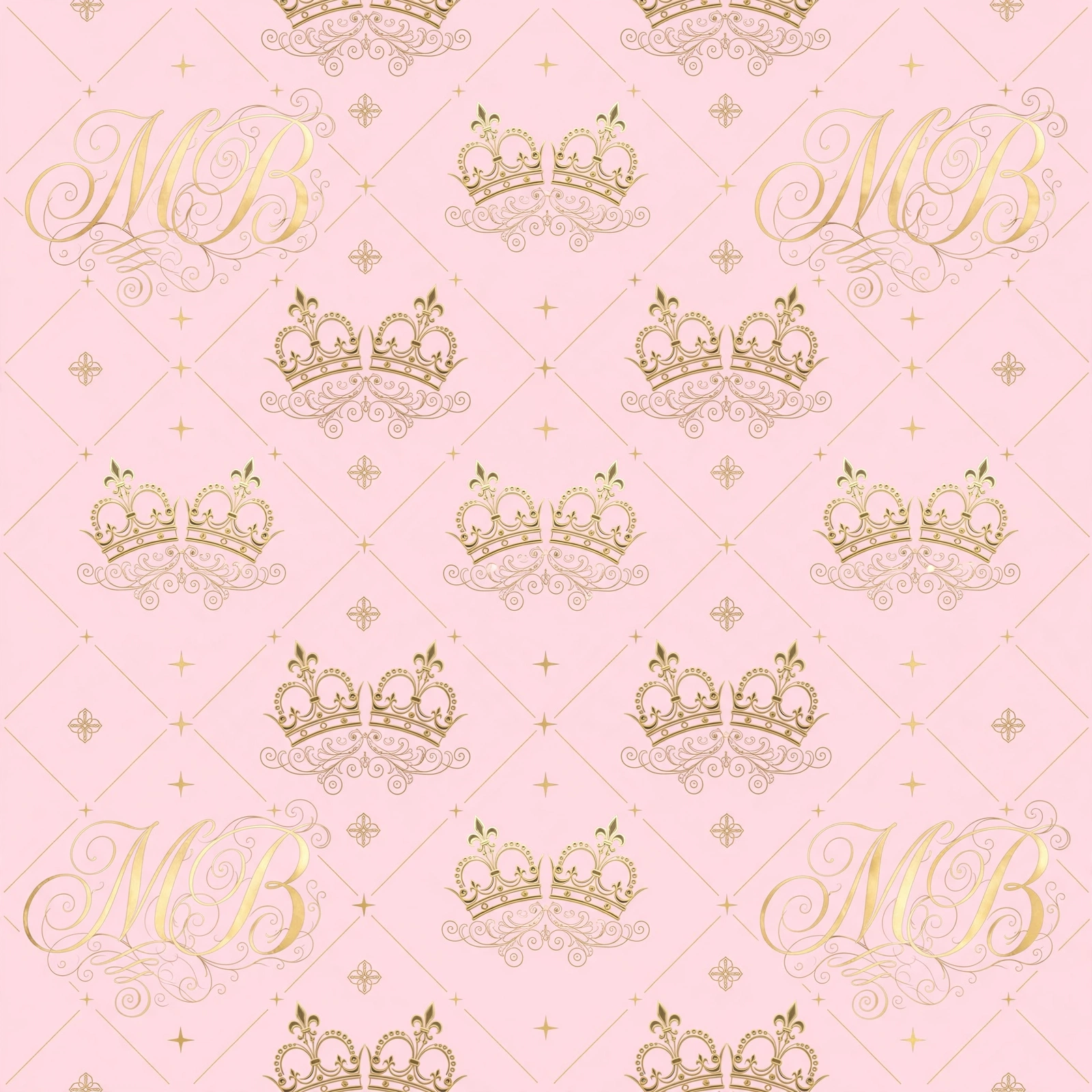Baby pink canvas patterned with gold MB script monograms, double queen crowns, and quatrefoil stars