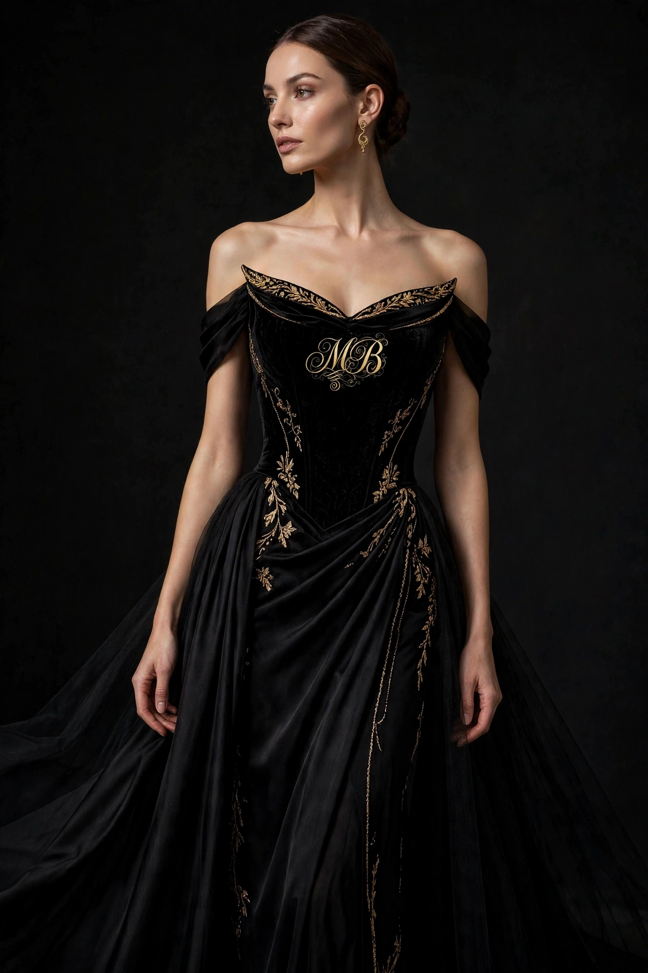 Digital concept study of a model wearing the black MB Noir Monogram Gown